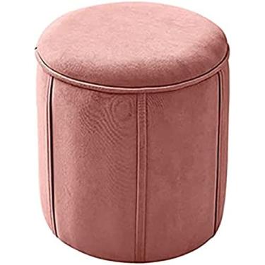 Imagem de Banqueta redonda com armazenamento de flanela armazenamento banquinho para sala de estar sofá quarto sapateira sapateira, rosa, 34 x 34 x 37 cm (13 x 13 x 15 polegadas)