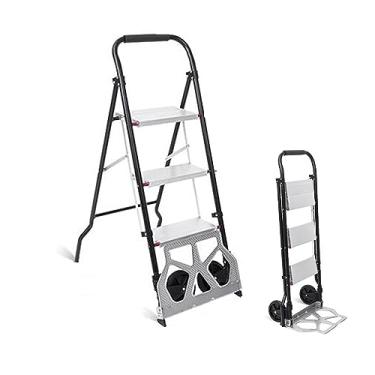 Imagem de Banco de escada de 2 degraus/3 degraus, carrinho de mão de alumínio 2 em 1 e escada para adultos com pedal e rodas antiderrapantes largos, carrinho utilitário com rolamento, carrinho e carrinho de