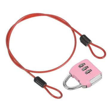 Imagem de PATIKIL Cabo de aço de segurança com trava de combinação de 3 dígitos, 1 conjunto de cadeado de viagem revestido de 4 m, laço duplo para mala de bagagem, vermelho, rosa