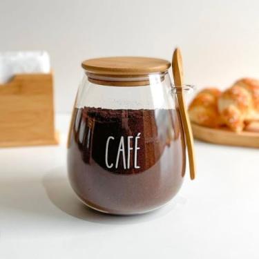 Imagem de Pote de armazenamento cafe Pote hermético de vidro Bojudo Café c/tampa e colher de bambu 1L Adequado para temperos de cozinha
