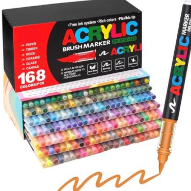 Imagem de COORIART Marcadores de tinta acrílica de 168 cores, canetas com ponta de pincel macio, controle automático de tinta, sem derramamento, conjunto de marcadores para madeira, pedra, tela, vidro, tecido