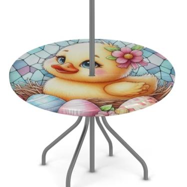 Imagem de hongjinglin Toalha de mesa de Páscoa para uso ao ar livre com orifício para guarda-chuva, toalha de mesa redonda elástica com zíper, impermeável, limpável, para piquenique, festa, pátio, serve para