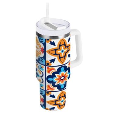 Imagem de Blueangle Copo isolado de 1,134 g com alça e tampa de canudo - Caneca de viagem de aço inoxidável à prova de vazamento, garrafa de água de cerâmica mexicana a vácuo de parede dupla (575)