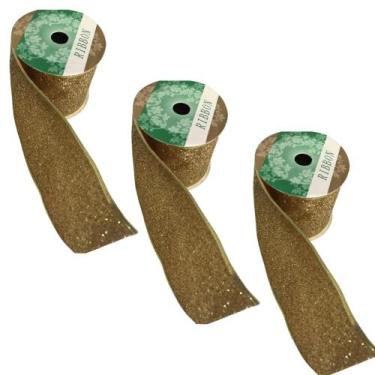 Imagem de Jogo 3 Rolos de Fita Glitter Dourado Bordas Aramadas Natal / Eventos 5