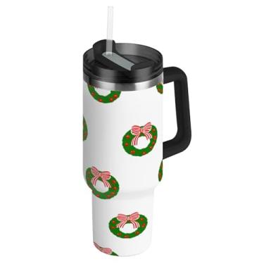 Imagem de Blueangle Copo de guirlanda de Natal de 1,134 g com alça e tampa de palha, caneca de viagem de aço inoxidável isolada a vácuo de parede dupla, garrafa de água reutilizável para academia de escritório