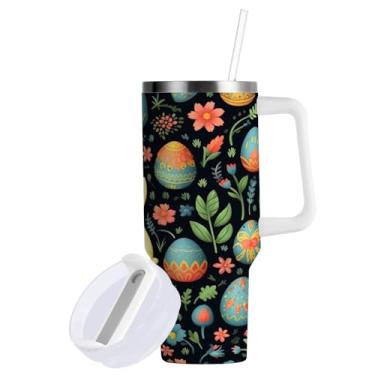 Imagem de Blueangle Copo de coelho fofo de Páscoa de 850 g com alça e tampa de palha, copo isolado reutilizável de aço inoxidável garrafa de água caneca de viagem (126)