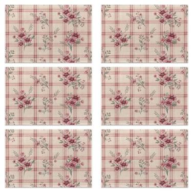 Imagem de Jogo americano de plástico colorido floral primavera conjunto de 6 lindas flores rosa tapetes de mesa lavável cozinha sala de jantar tapete de mesa de linho mancha calor, para festa em casa interior