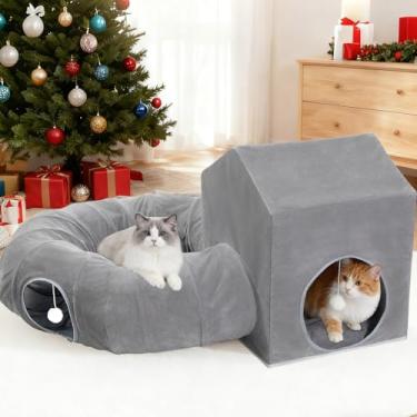 Imagem de Pawaboo Cama de túnel para gatos, tubo de donut para gatos com casa quadrada, túneis de caverna de gatos de pelúcia macia com almofadas laváveis, esconderijo dobrável para cama de gatinho com bolas