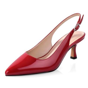 Imagem de Ankis Sapato feminino com salto gatinho fechado bico fino sapato social festa casamento casual 6,3 cm, Patente de vinho, 40