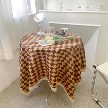 Imagem de Naroote Toalha de Mesa Xadrez Simples e Prática, Vintage, para Mesa de Jantar Redonda, Artesanal, Design de Borla, Material de Pelúcia Curto (100 * 150cm)