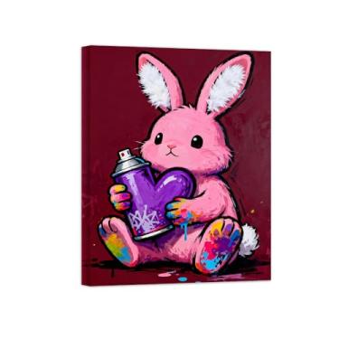 Imagem de Animais Pintura Arte Parede - Coelho Cor Rosa - Impressões em tela - Moderno Colorida Pôster para decoração sala de estar 30x40cm Tela Embrulhada