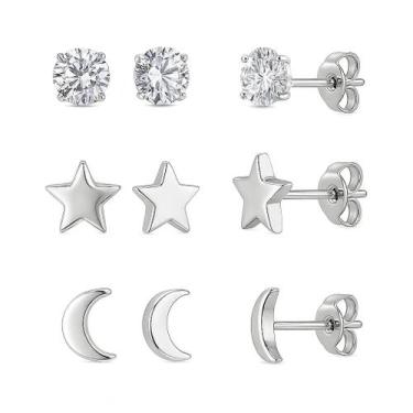 Imagem de 3 Pares De Brinco Em Prata 925 Lua Estrela Pedra Zircônia - Loja das P