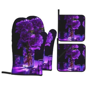 Imagem de Conjunto de luvas de cozinha com estampa de flores roxas e suportes de tampa, luvas de forno resistentes ao calor para manusear panelas quentes, grelhar, churrascos, kit de 4 peças.