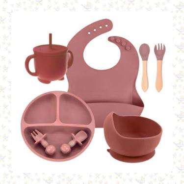 Imagem de Kit Introdução Alimentar Bebe 8 Peças Antiderrapante BPA Free Prato Dividido Talheres Copo e Babador Infantil Seguro Resistente e Fácil de Limpar (Vermelho)