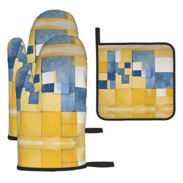 Imagem de Pintura de arte abstrata cinza e amarela - Conjunto de cozinha essencial com 3 peças, luvas seguras para calor e aderência de tampa, proteção para churrasco no forno, design de armazenamento suspenso.