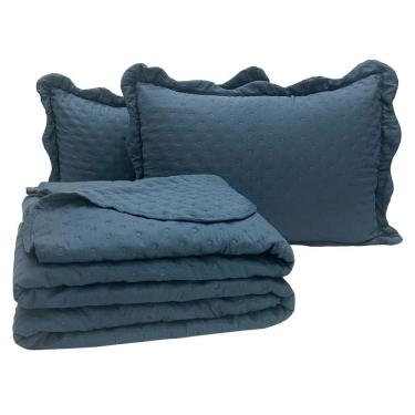 Imagem de Kit Cobre Leito Colcha Perone Queen Dupla Face Toque De Pluma Micro Percal 300 Fios 3 Peças - Azul Marinho