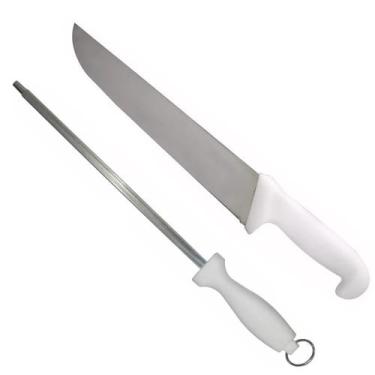 Imagem de Kit Faca Açougue Churrasco Cozinha Aço Inox 12 com Chaira 12 Cabo Bran