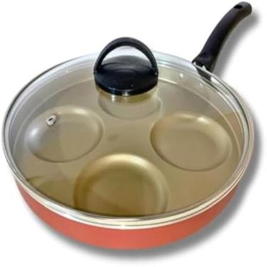 Imagem de Frigideira, quatro cavidades, cozinhar ovos e mais, revestimento antiaderente, tampa, cereja, resistente, especial.