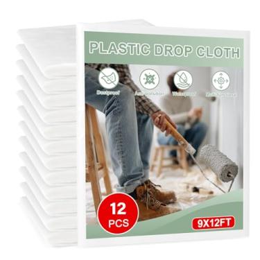 Imagem de Panos de queda de plástico de 2,7 x 3,6 m - Folhas e lonas descartáveis para pintura, proteção à prova d'água para móveis/sofás/chão (pacote com 12)