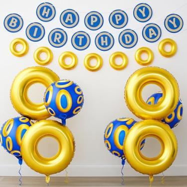 Imagem de Charnoel Blue Gold Ring Happy Birthday Banner with 8 Pcs Large Gold Ring Foil Balloons Cartoon Characters Themed Birthday Party Decorations for Family Celebrations Home Decor Party Supplies