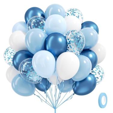 Imagem de 60 balões azuis e brancos de 30,5 cm com balões brancos de confete azul claro pérola pastel para decoração de festa de aniversário de casamento