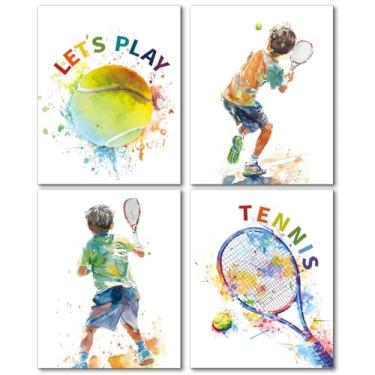 Imagem de Hapons Let's Play Tennis Conjunto de 4 arte de parede, arte esportiva em aquarela, impressão de pôster para quarto de menino adolescente, decoração de parede, sala de jogos, dormitório, decoração de
