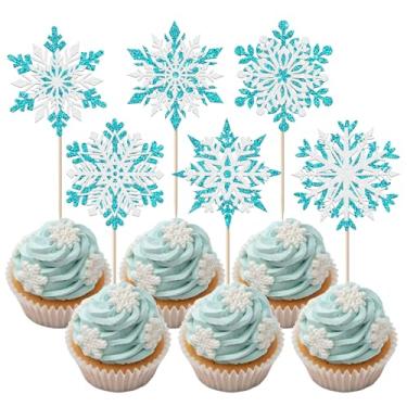 Imagem de 24 Pack Snowflake Cupcake Toppers Winter Snowflakes Cupcake Picks Snowflake Decoration for Winter Frozen Theme Baby Shower Kids Birthday Christmas Party Cake Decorations Supplies Blue