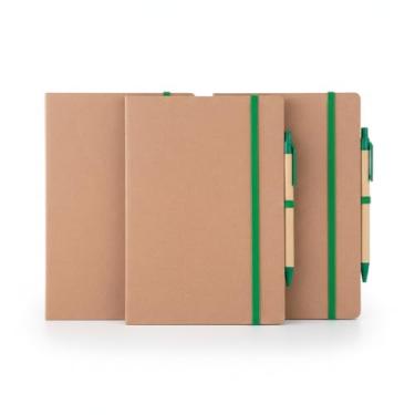 Imagem de Kit Escritório Ecológico, Caderno de Anotações em Papel Kraft 21,5x14cm com 30 Folhas Pautadas, Elástico e Suporte para Caneta, Inclui Caneta de Papel Reciclado (3, Verde)
