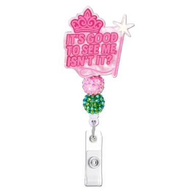 Imagem de Carretel de crachá de bruxa e princesa – Coroa rosa ou chapéu de bruxa verde retrátil porta-crachá de identificação com citações, lindo clipe de crachá de enfermeira com contas