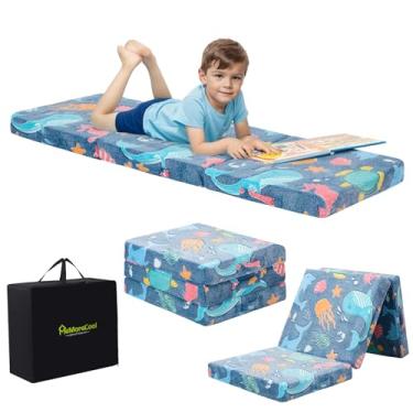 Imagem de MeMoreCool Colchão dobrável para crianças, tapete de cochilo de três dobras para crianças, colchão dobrável para crianças, futon portátil para creche ou cama, 143 x 55 cm, azul