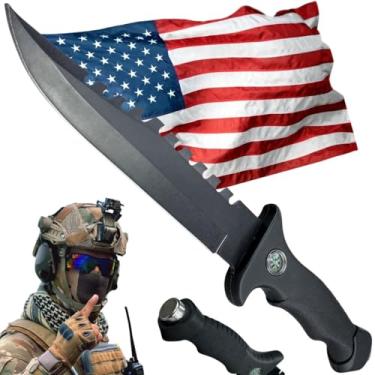 Imagem de Faca Tática Sobrevivência – Lâmina Afiada, Pederneira, Bússola, Quebra-Vidro + Bainha Tática para Camping, Emergências e Aventura