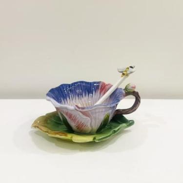 Imagem de Conjunto de xícara de café e pires de cerâmica amor-perfeito com colher, caneca de chá de flor pintada à mão em 3D de 170 g, presente para mulheres (roxo rosa)