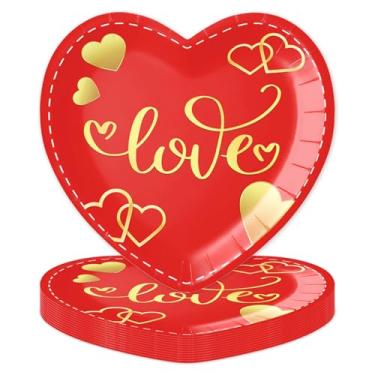 Imagem de Peclek 50 peças de pratos de papel de dia dos namorados em forma de coração de 22 cm – Pratos de jantar descartáveis "Love" vermelhos e dourados para jantares românticos, casamentos, noivados e