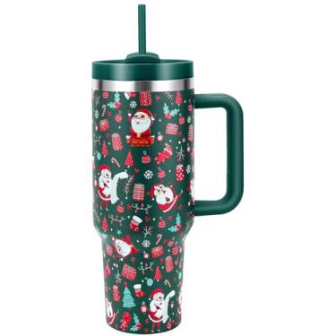Imagem de Skywerc Presentes de Natal para mulheres e homens, copo de Natal de 1,134 g com alça e tampa de palha, caneca de viagem isolada de aço inoxidável de Natal, mantenha frio por 34 horas (Papai Noel