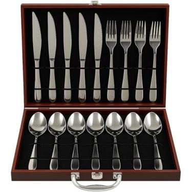 Imagem de Conjunto 24 Peças Talheres Inox Premium com Maleta Marrom - Kit Completo Aço Inoxidável para Mesa Posta Elegante - Facas Colheres Garfos com Estojo