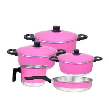 Imagem de Conjunto de panelas de alumínio esmaltado rosa com alças resistentes ao calor