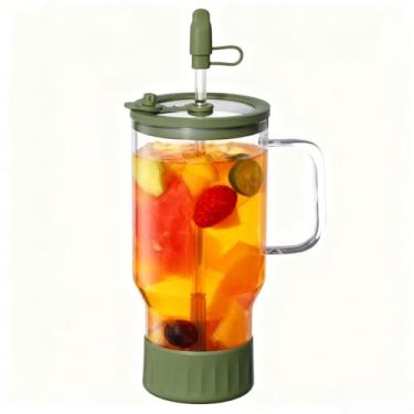 Imagem de HY3 Copo de vidro borossilicato com canudo e tampa, tampa de vidro temperado grande de 947 ml (floresta vibrante)