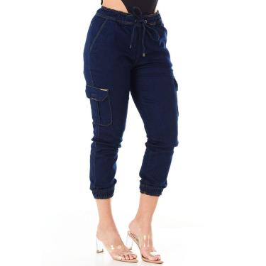 Imagem de Calça Jeans Feminina HNO Jogger Cargo Azul Escuro-Feminino