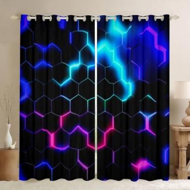Imagem de Cortina de janela de favo de mel 3D, geometria hexagonal, cortina de tratamento de janela, cortinas de luzes neon rosa azul neon, cortinas de janela criativas chiques para crianças, meninos