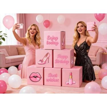 Imagem de ZLWanju Decorações de aniversário femininas – pacote com 6 caixas de papel decorativas rosa, tema de feliz aniversário/felicidades com designs de batom/salto, suprimentos dobráveis para festas e