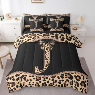 Imagem de Jogo de cama casal com letra J, 7 peças, com laço de guepardo africano – cama com estampa de leopardo em uma bolsa para meninas, mulheres e adultos, moderno, conjunto de edredom com laço coquete