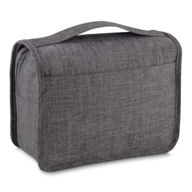 Imagem de Necessaire de Viagem Grande em Poliéster, Cinza, com Cabide e Compartimentos Múltiplos, 40x24x10 cm, Organizador de Toilette Impermeável para Banheiro e Camping