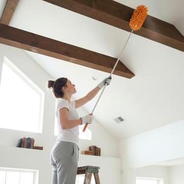 Imagem de Espanador de penas extensível removedor de poeira telescópico para móveis de carro de escritório doméstico ferramenta multiuso de limpeza de teto alto (laranja, cabeça longa)