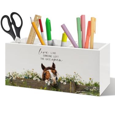 Imagem de ANIANG Organizador de canetas Farmhouse Horse para decoração de mesa, presentes para amantes de cavalos, Live Like Someone Left the Gate Open Porta-lápis de madeira para casa, escritório, acessórios