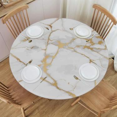 Imagem de OHIKUETY Toalha de mesa redonda de mármore branco dourado com elástico – toalha de mesa redonda de plástico de vinil, capa de mesa à prova d'água para uso ao ar livre, para pátio, serve de 101 a 114