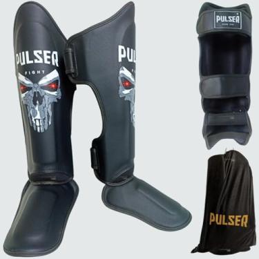 Imagem de Caneleira Pulser Protetor Canela 30 Mm Muay Thai Kickboxing Thunder Fight Profissional (Preto Branco Caveira, G - 30 MM)