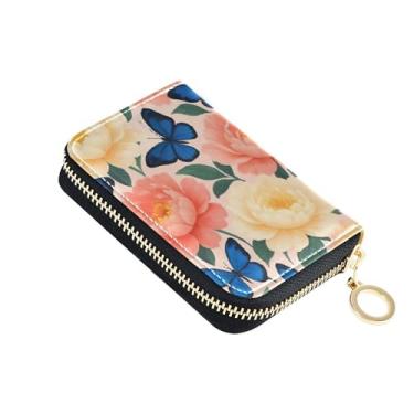 Imagem de Porta-cartões com bloqueio de RFID, carteira feminina pequena com zíper, porta-moedas com chaveiro, flor de peônia rosa, borboleta azul