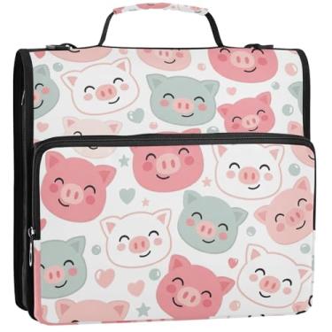 Imagem de Lindo organizador de fichário com zíper, 3 fichários de 3,5 cm, anel em D fofo desenho de porco pastel, pasta de armazenamento com alça para fichários escolares com alça de ombro, 34,5 x 31,5 x 8,9 cm