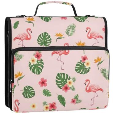 Imagem de Fichários de flamingos rosa de 3,8 cm, fichários de 3 anéis, organizador de fichários escolares com alça de ombro, carteira profissional, suporte para 500 lençóis, 34,5 x 31,5 x 9 cm