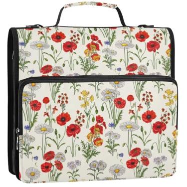 Imagem de Pastas coloridas de flores silvestres de 3,5 cm, 3 anéis, organizador de fichários com zíper, bolsa escolar com alça de ombro, portfólio de negócios e estojo para pasta de anel, 34,5 x 31,5 x 9 cm